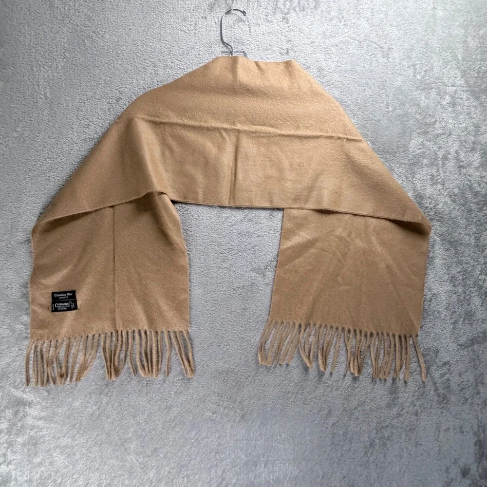 Vintage Christian Dior Monsieur Cashmaire Scarf Camel Tan Acrylic Fringe Japan